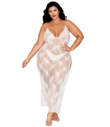Nuisette longue blanche grande taille en dentelle florale, string assorti - DG13667XWHT